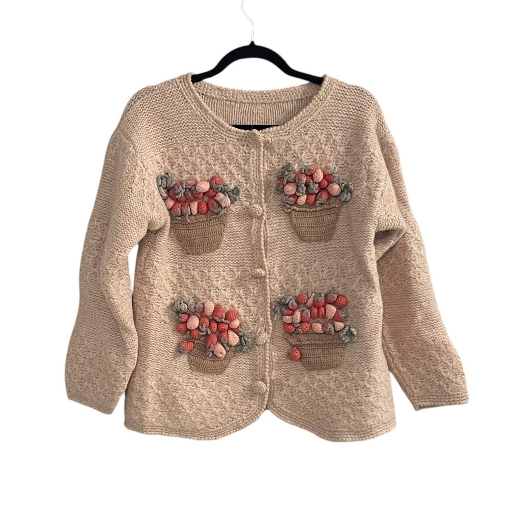 Handmade Hand Knit Wool Cardigan Sweater Tan Strawberries Small